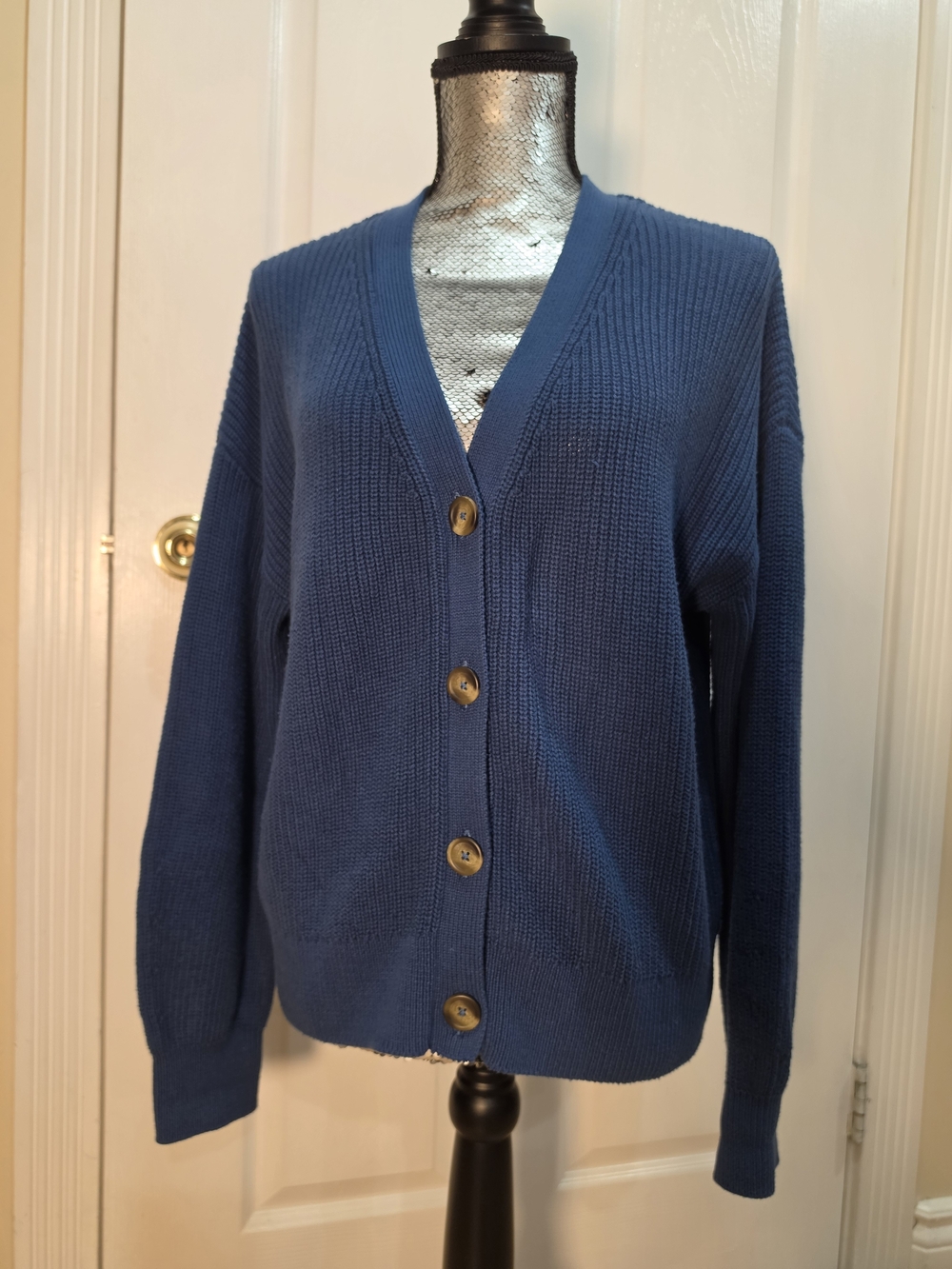 Cardigans from Northern Reflections Blue V-Neck Button Sweater Size M Petite